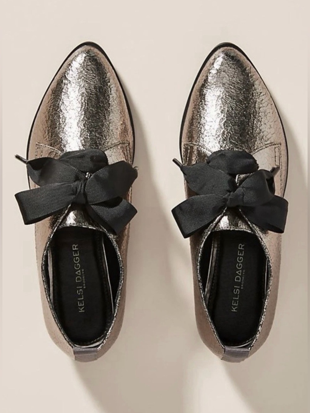 Kelsi Dagger Metallic Silver Lace-Up Bow Flats Pointed Toe Women's 8.5